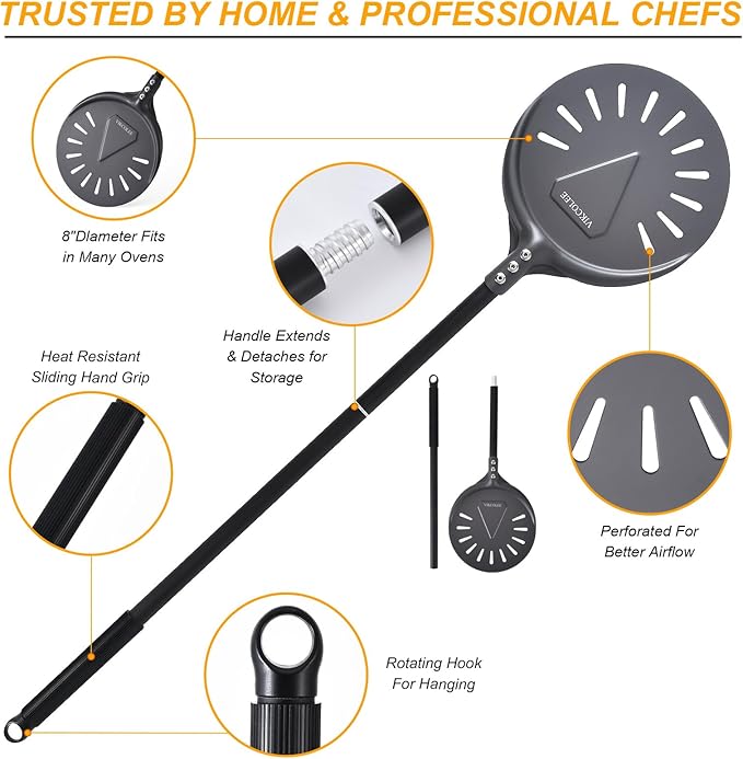 Turning Pizza Peel, 8 Inch with 25 Inch Handle Round Pizza Turning Peel, Professional Anodized