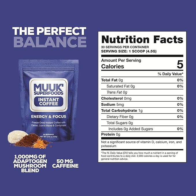 MUUK' SUPERFOODS | Energy & Focus Mushroom Coffee | Organic Freeze-Dried Instant Coffee with Cacao