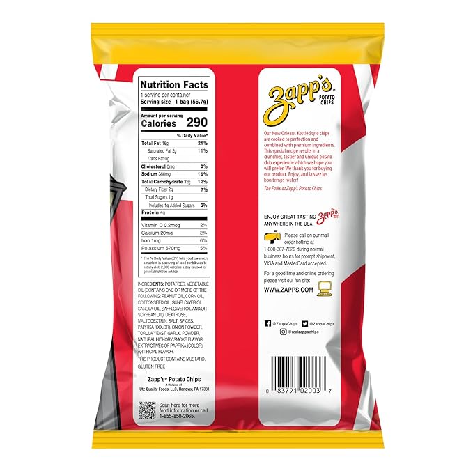 Zapp???New Orleans Kettle-Style Potato Chips Cajun Crawtator Flavor (2 oz Bags, 25 Count), Crunchy