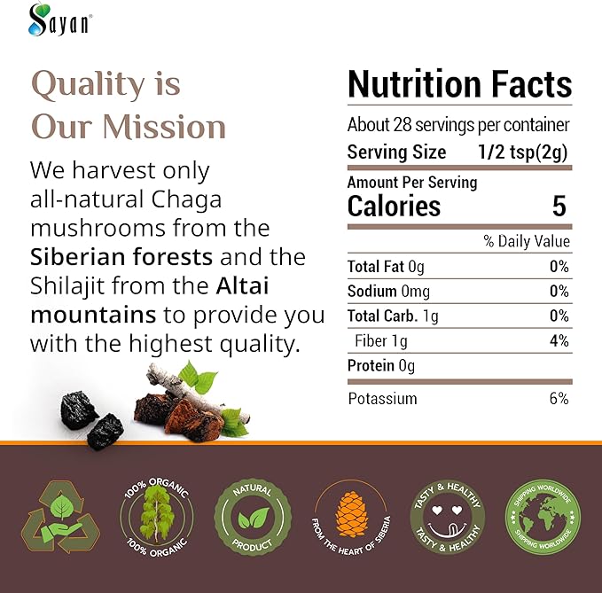 Sayan Siberian Chaga Mushroom Extract with Shilajit Powder (2 oz) ??Organic Antioxidant Tea