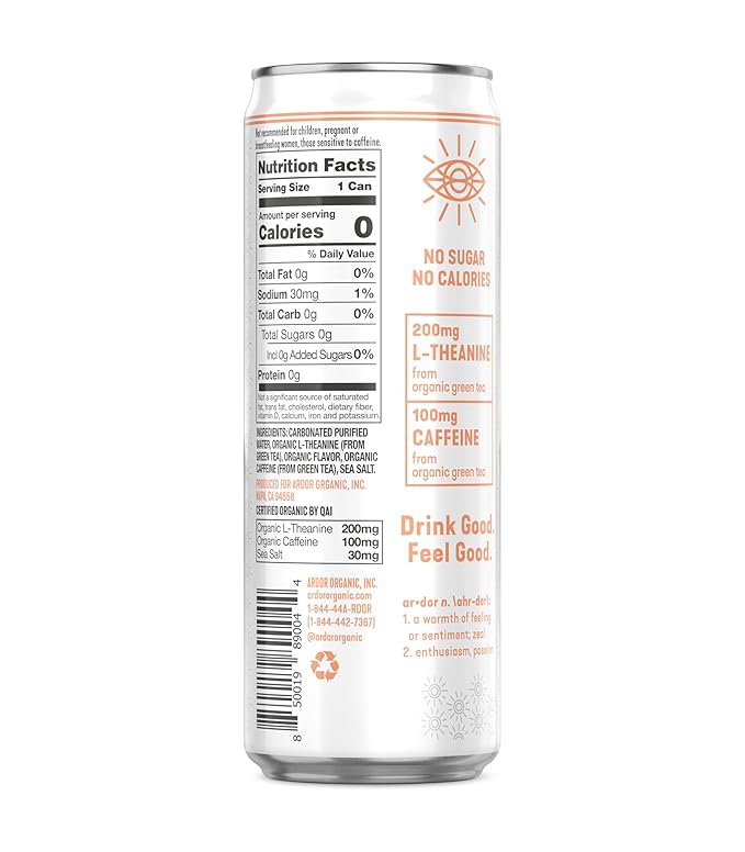 ARDOR ENERGY Sparkling Water with 100mg Natural Caffeine & 200mg L-Theanine from Organic Green Tea
