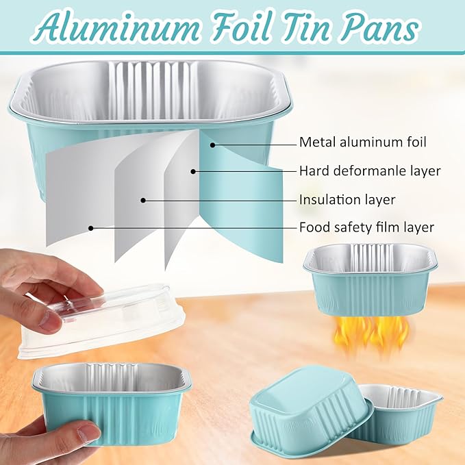 Aoriher 150 Pieces 10 oz Mini Cake Pans with Lids Aluminum Foil Baking Cups Square Disposable 4" x