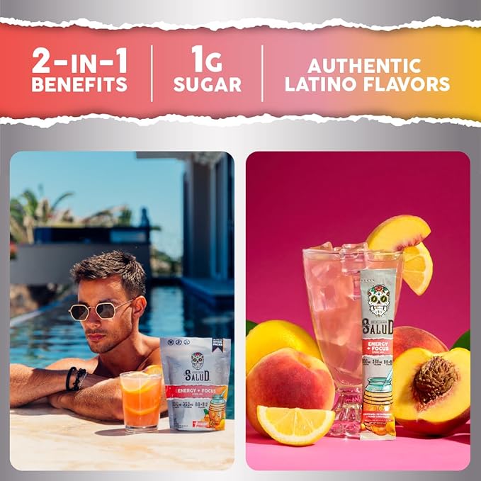 Salud 2-in-1 Energy Drink Powder + Focus, Peach Lemonade, Organic Caffeine, B6 + B12, Theanine