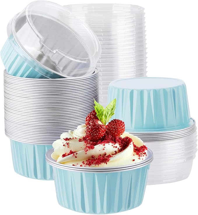 EUSOAR Aluminum Cups with Lids, 50pcs 5oz 125ml Foil Cupcake Baking Cups, Muffin Liners Cups with