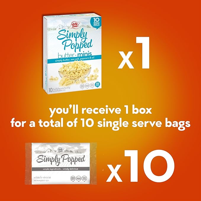 Jolly Time Simply Popped Butter Minis, Lightly Salted Microwave Popcorn, 1.5oz Personal Bag, 10