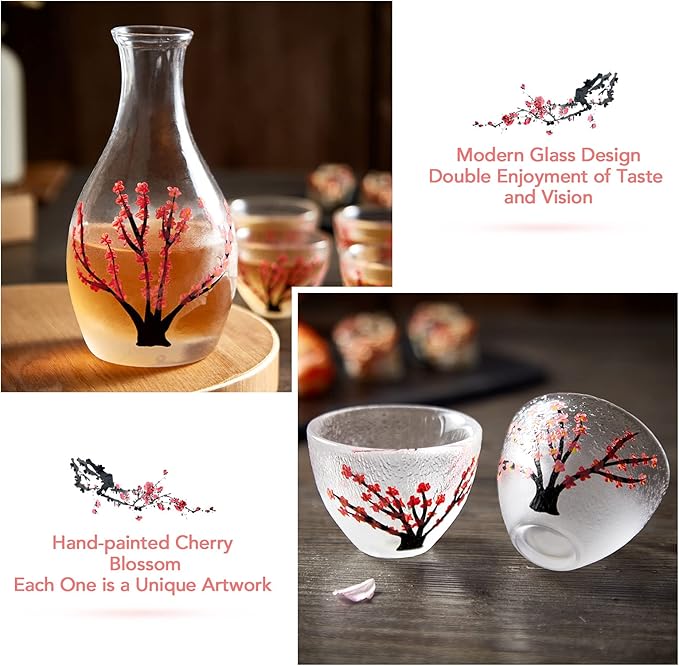 DUJUST Japanese Sake Set for 4, Handcraft Pink Cherry Blossoms Design, 1 Sake Bottle, 1 Sake Tank