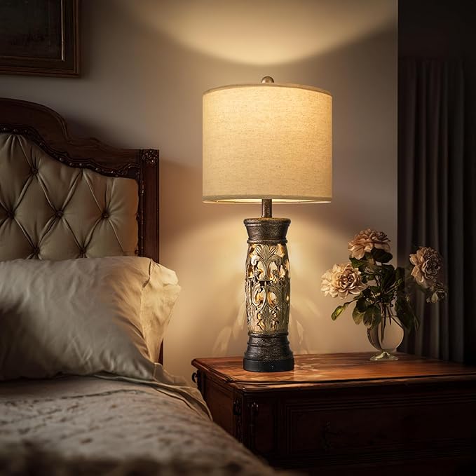 BOBOMOMO 27.25” Antique Gold Table Lamps Set of 2 – Farmhouse Bedside Lamps with Night Light & USB