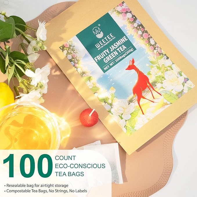 WT WEETEE Fruity Jasmine Green Tea Bags 100 Counts, Flavored Green Tea with Jasmine, Grapes