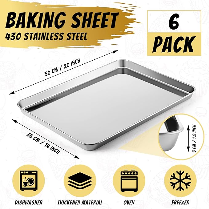 6 Pcs Baking Sheet Set Stainless Steel Cookie Sheet Cookie Baking Pan Bakeware Oven Tray Dishwasher