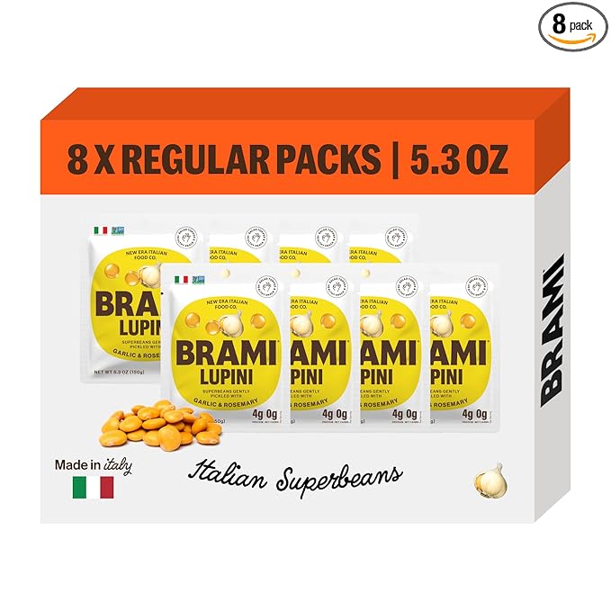 Brami Lupini Beans Snack, Garlic & Rosemary | 7g Plant Protein, 0g Net Carbs | Vegan, Vegetarian