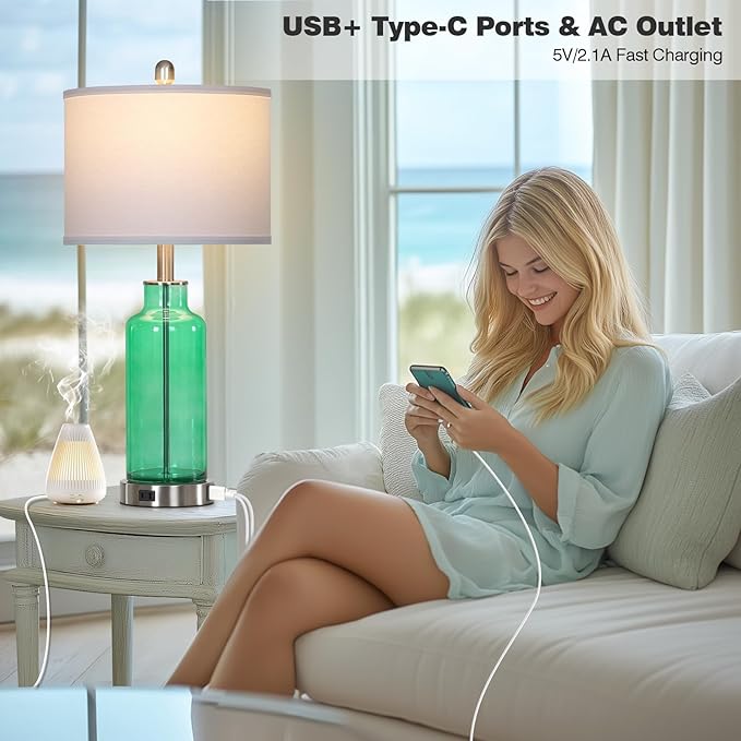 26.5" Coastal Green Glass Table Lamps Set of 2, 3-Way Dimmable Touch Control Bedside Lamps with USB