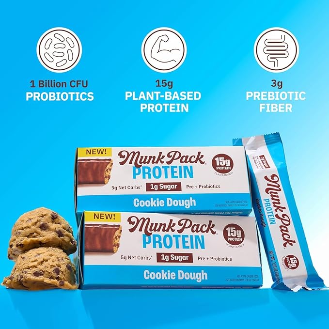Munk Pack 15g Probiotic Keto Protein Bars - Low Sugar, High Protein -1g Sugar, 4g Net Carbs. Vegan