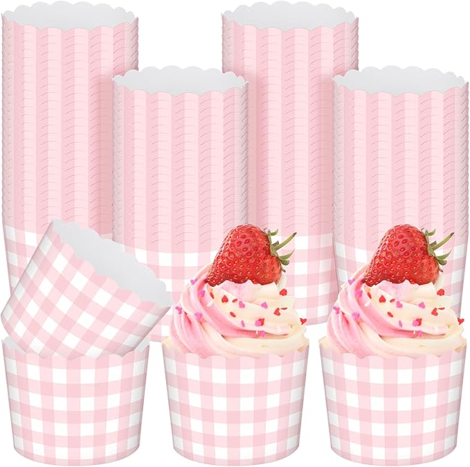 Vesici 150 Pcs Pink Gingham Ice Cream Cups 5oz Dessert Paper Bowls Gingham Scalloped Cupcake Cups