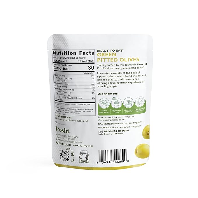 Poshi Green Olives On-The-Go - Original Flavor - Single Serve Pitted Olives - Convenient and
