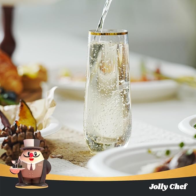 JOLLY CHEF 24 Pack Stemless Plastic Champagne Flutes Disposable 9 Oz Gold Rim Clear Plastic