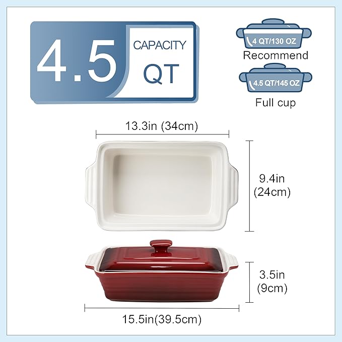 LOVECASA 4.5 Quart Ceramic Casserole Dish with Lid, 9x13 Baking Dish for Oven, Lasagna Pan Deep