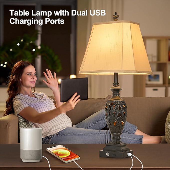 29.5" H Touch Traditional Table Lamp Set of 2,Vintage Bedside Nightstand Lamps with Dual USB and
