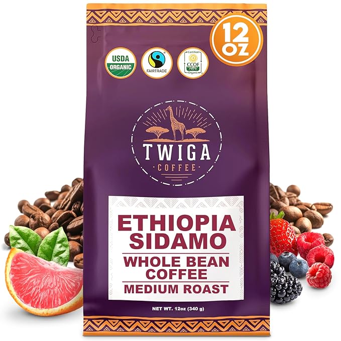 Twiga Coffee Premium Ethiopian Sidamo Whole Bean Coffee ??Organic Medium Roast Arabica with Berry