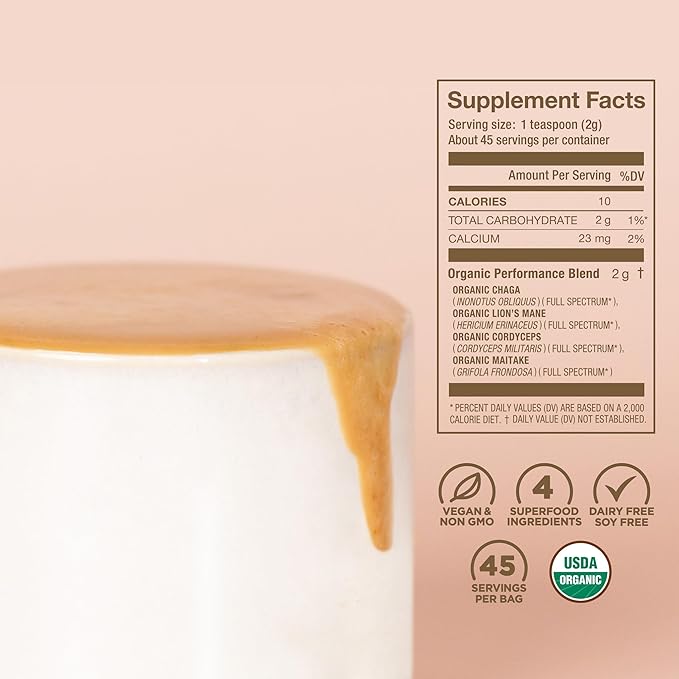 Laird Superfood Organic Performance Mushroom Blend with Chaga, Cordyceps, Lion's Mane and Maitake