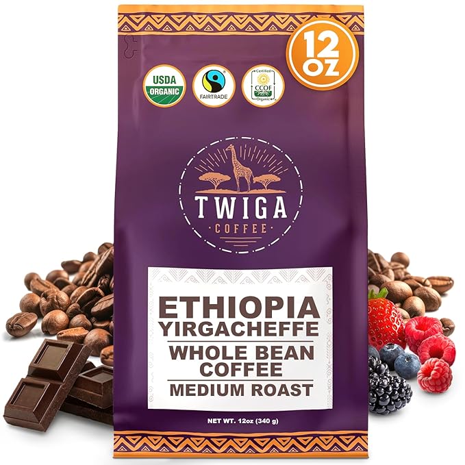 Twiga Coffee Ethiopian Coffee Beans - Ethiopian Yirgacheffe Whole Bean, Organic Medium Roast