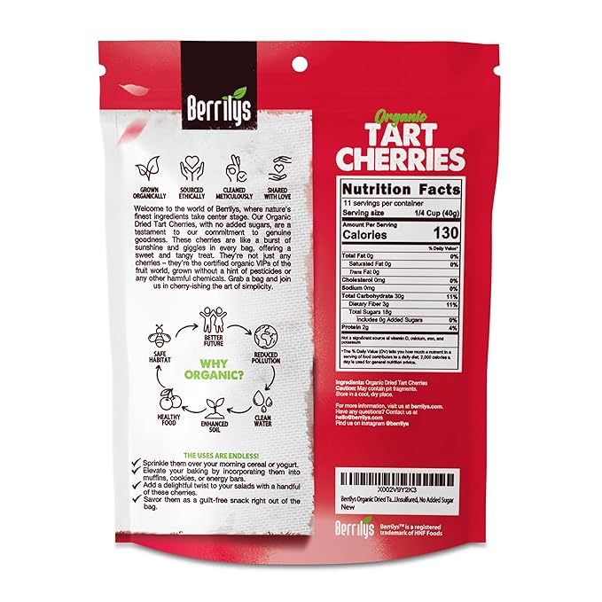 Berrilys Organic Unsweetened Dried Tart Cherries 1 lb, (16 oz) - No Sugar Added, Perfect for