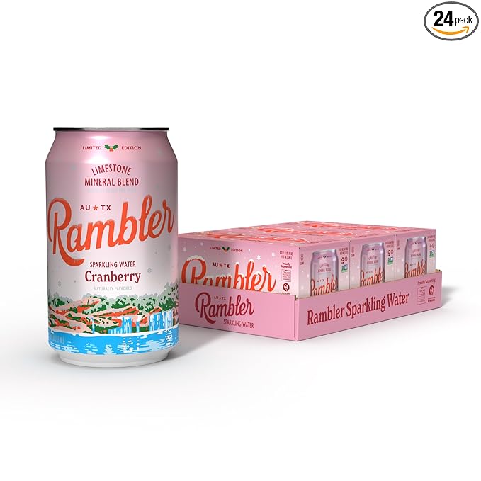 AUTX RAMBLER Sparkling Water, Texas Limestone Mineral Blend, Cranberry Flavor, Limited Edition