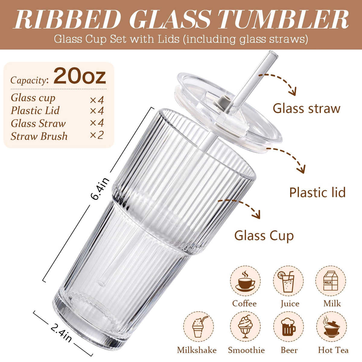 Iced Coffee Cups with Lids: Coffee Bar Accessories - Ribbed Glass Tumbler with Straw and Lid 4Pcs