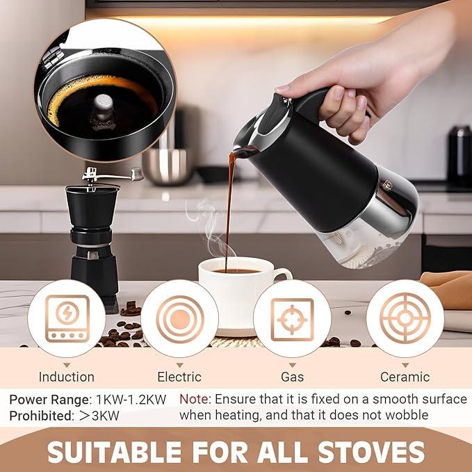 Moka Pot, 4 Cups (7.1 oz) Stovetop Espresso Maker, 304 Stainless Steel Moka Pot, Induction