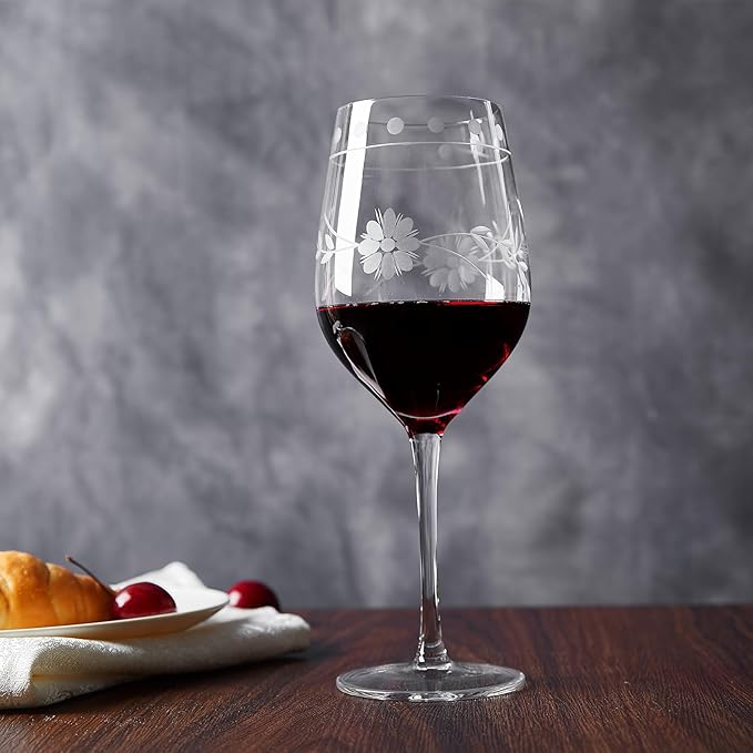 Premium Delight Wine Glasses Set of 4,15 oz – Hand-Blown with Etched Long Stem, Classic Glassware
