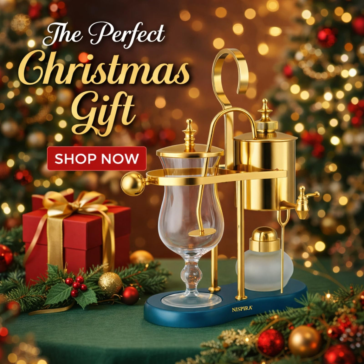 Nispira Belgian Balance Syphon Vacuum Coffee Maker, 500ml Vintage Gravity Brewing System, Gold &