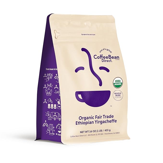 Coffee Bean Direct Organic Fair Trade Ethiopian Yirgacheffe, Whole Bean Coffee, Light Roast, 1