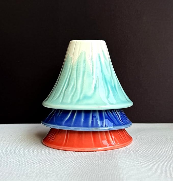 Japanese Sake Cup Mount Fuji Design Wine Soju Porcelain Ochoko Gifts (Blue Red, 2 Ochiko)