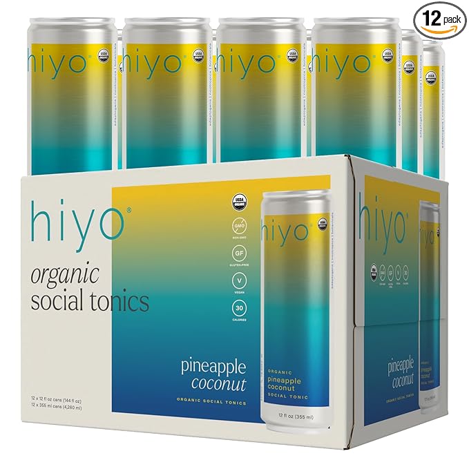 Hiyo Organic Social Tonic - Pineapple Coconut, 12 Pack - N.A. Functional Seltzer, Sparkling Water