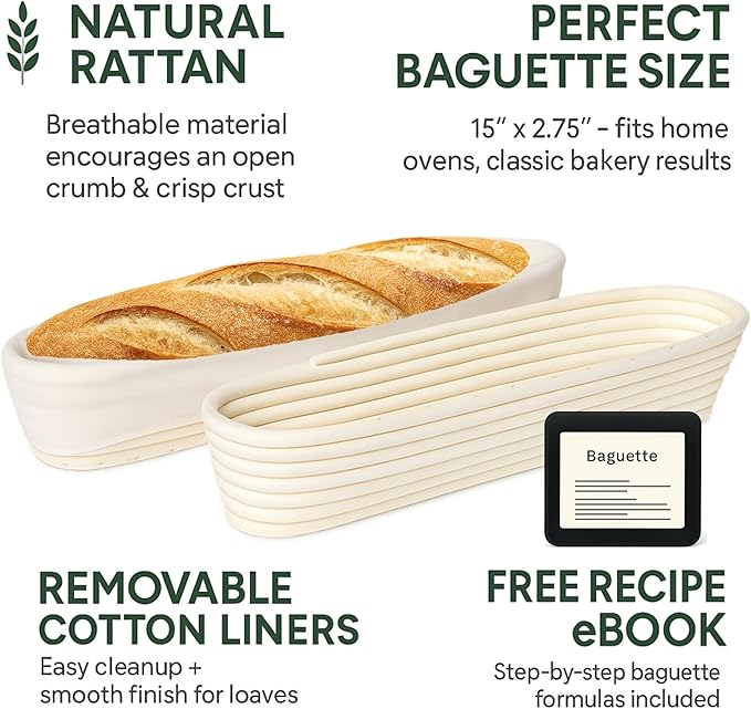 15 Inch Baguette Proofing Basket Set of 2 with Cotton Liners & Baguette Recipe eBook- Handcrafted