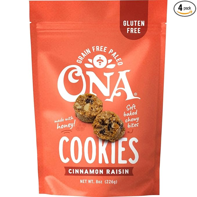 Ona Cinnamon Raisin Cookies 4-pack, Made with Honey, Ready to eat, Gluten free, Grain free, Dairy