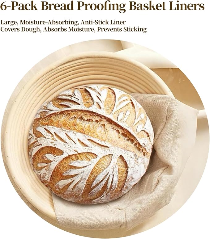 Natural Cotton Bread Proofing Basket Liner, 10 Inch Round, 6 Pack, Banneton Dough Bowl Cover for