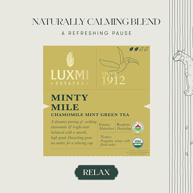 Luxmi Estates Minty Mile Organic Chamomile Mint Green Tea (25 Tea Bags) Low Caffeine Tea Bags For