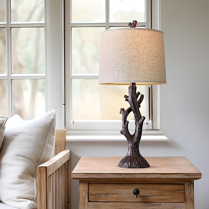 OYEARS 25" Farmhouse Table Lamp Set of 2 for Living Room Bedroom Resin Bedside Tree Lamp Nightstand