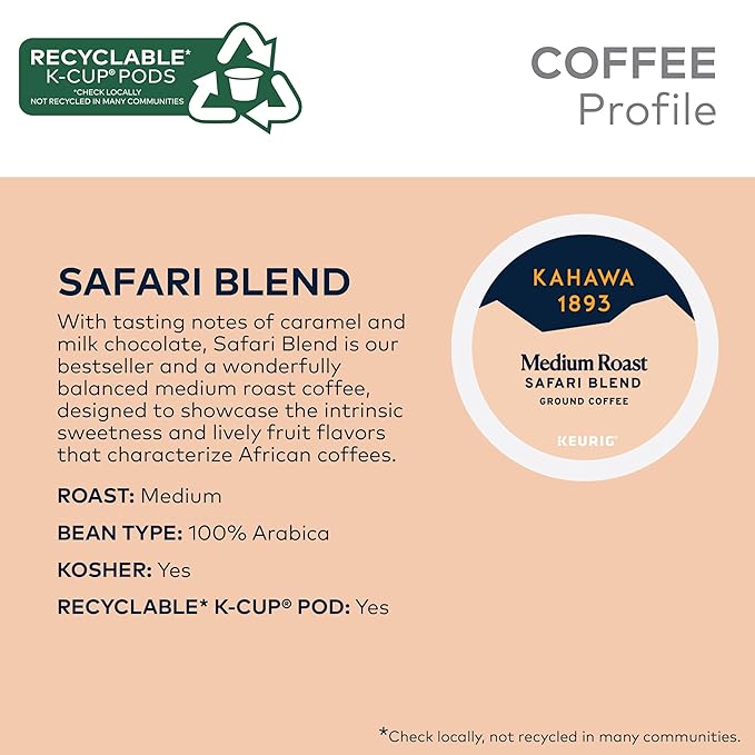 Kahawa 1893 Medium Roast Coffee K-Cup Pods Safari Blend (60 Count) - As Seen on Shark Tank, High