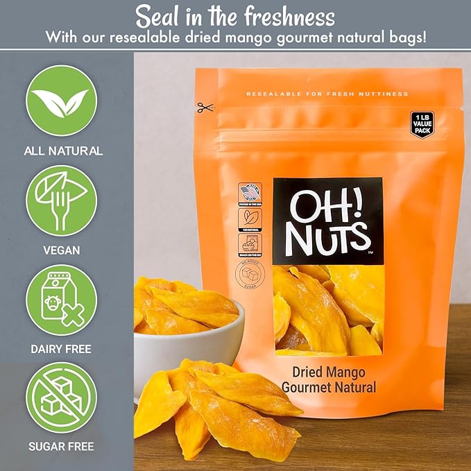 Oh! Nuts Dried Mango Gourmet Natural - 1 lb - Dried Fruit Slices - No Sugar Added - Dehydrated