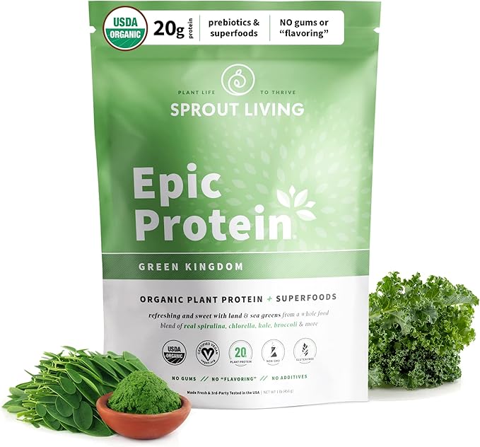 Sprout Living Epic Protein, Plant Based Protein & Superfoods Powder, Green Kingdom | 20 Grams