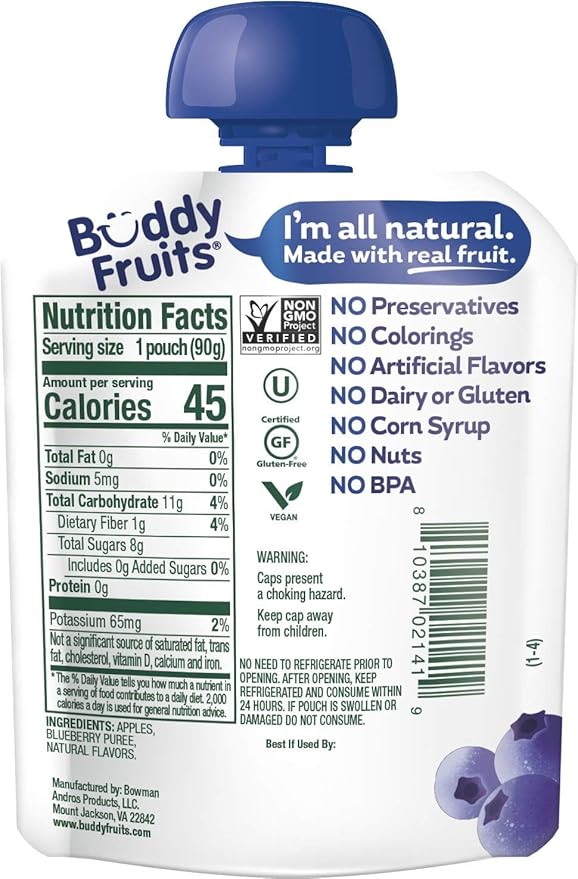 Buddy Fruits Snacks To Go Blueberry Unsweetened Applesauce 3.2oz Pouch (18pk)