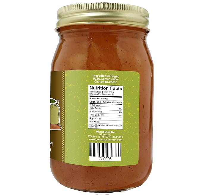 Green Jay Gourmet Cinnamon Pear Jam - All-Natural Fruit Jam with Pears & Cinnamon - Vegan
