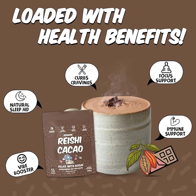 Renude Reishi Cacao - Mushroom Hot Chocolate, Coffee Alternative, Mushroom Drink, Cacao Powder, Hot