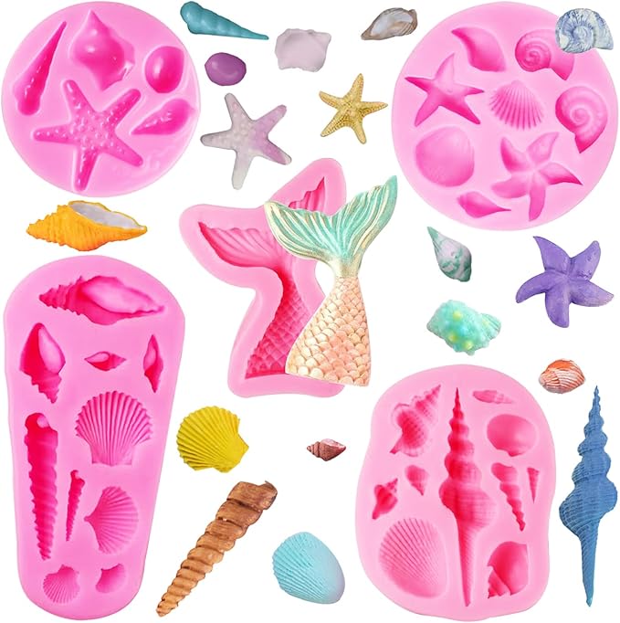Seashell Silicone Molds, AIMEIKI 5 Pack Marine Theme Cake Fondant Silicone Molds Seashell Conch
