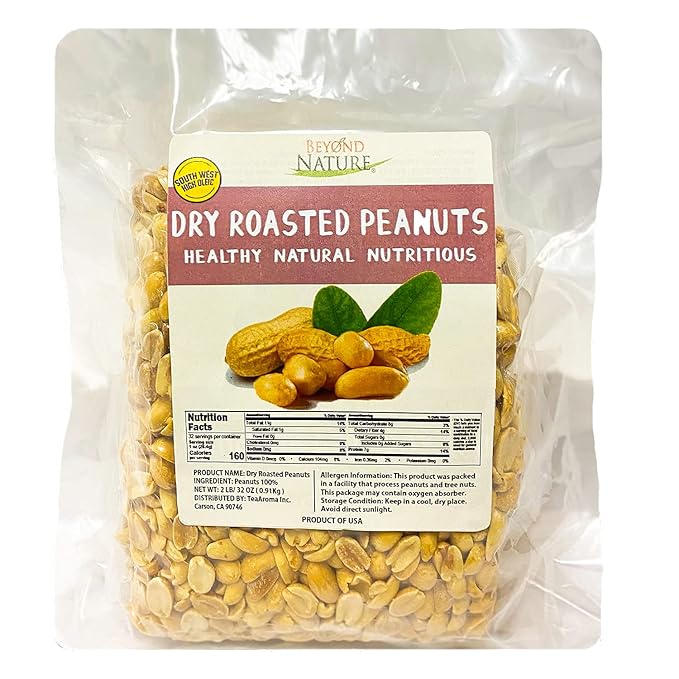 Beyond Nature Dry Roasted Peanuts ??Unsalted 2 Pound (32 oz) Vacuum Sealed Non GMO, No Oil & No