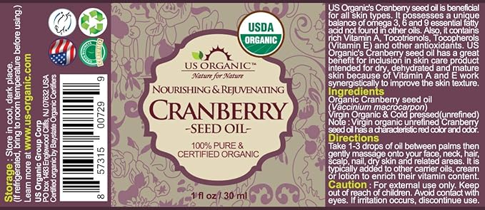 US Organic Cranberry Seed Oil, USDA Certified Organic,100% Pure & Natural, Cold Pressed Virgin