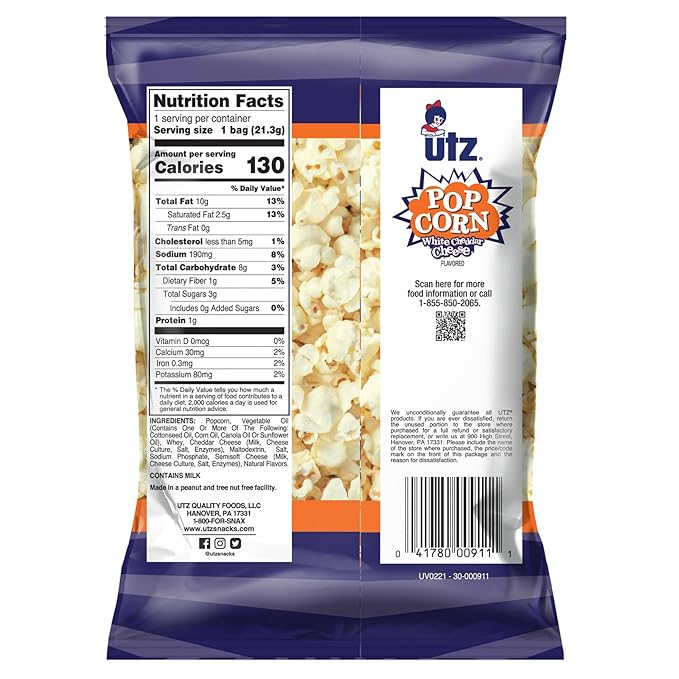 Utz Popcorn, White Cheddar ??.75 oz. Bags (60 Count) ??Baked with Real Cheese, Tasty Individual