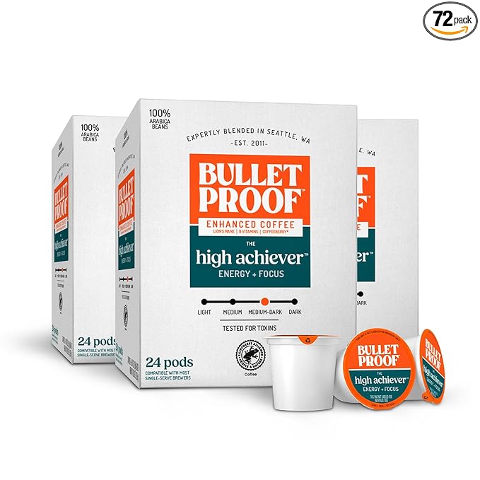 Bulletproof The High Achiever Single-Serve Pods, 72 count, Medium-Dark Roast Enhanced Coffee with