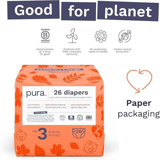Pura Hypoallergenic Diapers, Size 3 (9-20 lbs) Monthly Pack, Overnight, up to 12 Hours Leak